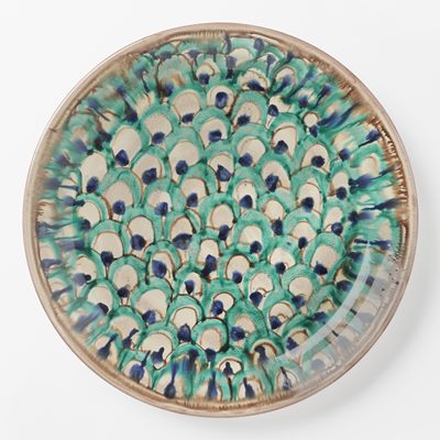 Serving Platter Peacock - Ø44 cm Height 5 cm, Ceramics, Round, Turquoise, Agata Treasures | Svenskt Tenn