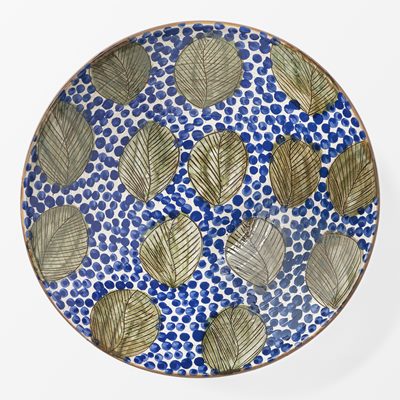 Serving Bowl Green Leaves - Ø35 cm, Ceramics, Round, Green Blue, Malaika Linens | Svenskt Tenn