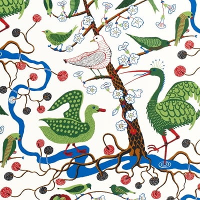 Fabric Sample Gröna Fåglar - Svenskt Tenn Online - Length 21 cm Width 14,8  cm, Linen 315, Gröna Fåglar, Multi, Josef Frank